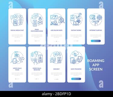 Roaming, mobile services onboarding mobile app page screen with concepts set. Online communication walkthrough 5 steps graphic instructions. UI vector Stock Vector