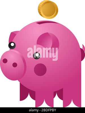 Moneybox in the form of ceramic pig with a coins falling into it. Concept of saving money. Vector illustration Stock Vector