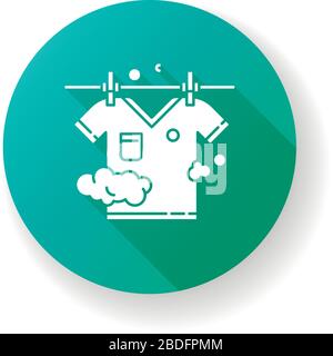 Outdoor drying green flat design long shadow glyph icon. Laundry, clothesline, outside clothes drying. T-shirt hanging on rope, clean clothing, washed Stock Vector