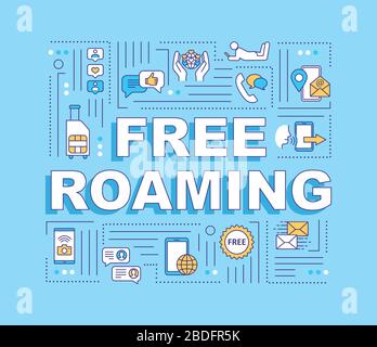 Free roaming word concepts banner. Unpaid wireless telecommunication service. Infographics with linear icons on blue background. Isolated typography Stock Vector