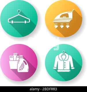 Laundry, clothes care flat design long shadow glyph icons set. Delicate fur dry cleaning and ironing. Fabric softener and clean towels basin, hangers Stock Vector