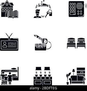 Renting black glyph icons set on white space. Family dormitory. Communal kitchen. Identity card. Living room. Intercom. Shared space. Rental service Stock Vector