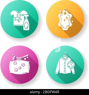 Laundry, washing types flat design long shadow glyph icons set. Leather dry cleaning and stain removal, express laundry and pillow cleaning. Clothing Stock Vector