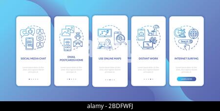 Social media chat and work onboarding mobile app page screen with concepts. Internet services walkthrough 5 steps graphic instructions. UI vector Stock Vector