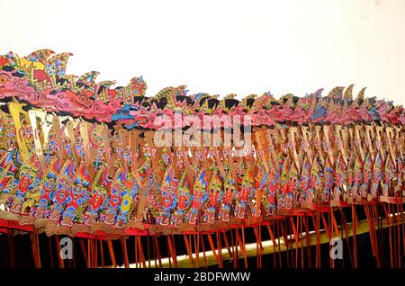 Various character of puppet or Wayang Kulit, traditional art of Java, Indonesia. Story adopted from Mahabharata and ramayana . Stock Photo