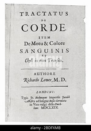Title page of Lower's book on the heart, 1669, Tractatus de Corde. Richard Lower, 1631 – 1691. English physician.  From Selected Readings in the History of Physiology, published 1930. Stock Photo