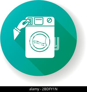 Self-service laundry green flat design long shadow glyph icon. Laundromat, washateria, commercial washer, coin wash service, industrial laundry Stock Vector
