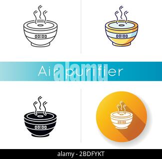 Air filter, modern device icon. Humidifying appliance, home air purifier, room climate regulating equipment, ionizing machine. Linear black and RGB Stock Vector