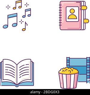 Recreation RGB color icons set. Musical notation. Sound notes. Personal diary. Movie night. Write in notebook. Hobbies for relaxation. Leisure Stock Vector