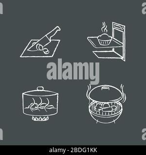 Cooking methods chalk white icons set on black background. Various culinary techniques, food preparation process. Cutting, baking, stewing and Stock Vector