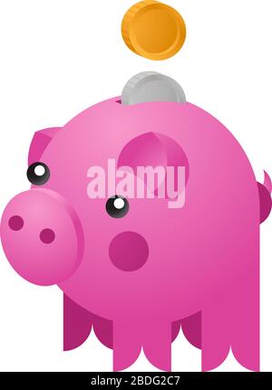 Moneybox in the form of ceramic pig with a coins falling into it. Concept of saving money. Vector illustration Stock Vector