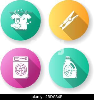 Clothes cleaning items flat design long shadow glyph icons set. Clothing washing and outdoor drying. Washing machine and laundry detergent, pin and Stock Vector