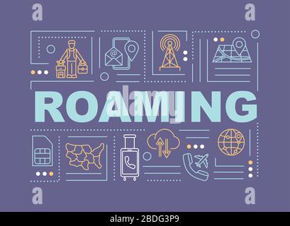 Roaming word, wireless telecommunication concepts banner. Communication service. Infographics with linear icons on purple background. Isolated Stock Vector