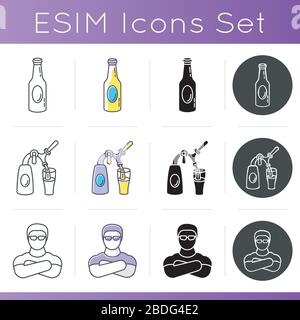 Night club party icons set. Linear, black and RGB color styles. Nightclub face control and alcoholic drinks. Security guard, beverage bottle and beer Stock Vector