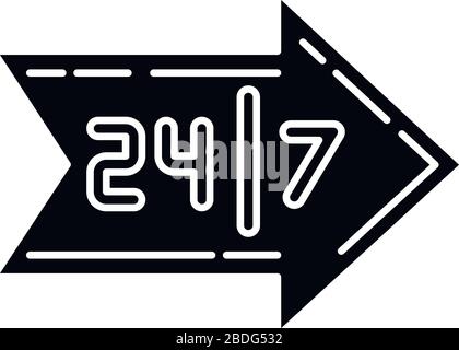 Arrow sign black glyph icon. Around the clock marketing service. Open everyday. Commerce industry. Store direction. Shop location. Silhouette symbol Stock Vector