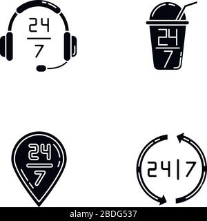 24 7 hour service black glyph icons set on white space. Headset sign of customer support. Twenty four seven open bar. All day available delivery Stock Vector
