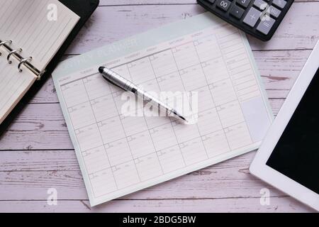high angle view of planner , diary on office table. Stock Photo
