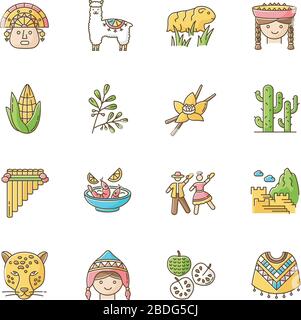 Peru RGB color icons set. Peruvian sights, culture, nature, cuisine. Traveling in Latin America. Alpaca, guinea pig, siku, poncho, cherimoya, ceviche Stock Vector