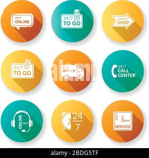 24 7 hour service flat design long shadow glyph icons set. Online 24 hrs customer support. Everyday available delivery. Around the clock open bar and Stock Vector