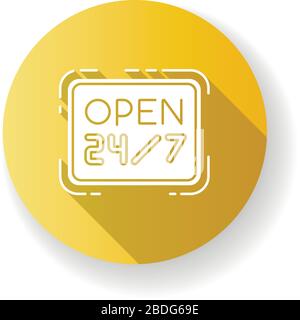 Open 24 7 hours yellow flat design long shadow glyph icon. Twenty four seven store. Hanging retail sign. Supermarket signboard. Highly available Stock Vector