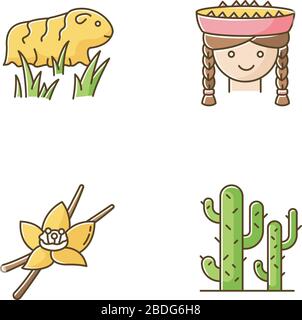 Peru RGB color icons set. Incas country features. Guinea pig, peruvian girl, vanilla, cactuses. Andean region traditions and nature. Traveling in Stock Vector