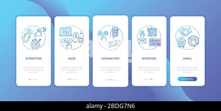 Users attraction and conversion onboarding mobile app page screen with concepts. Customers retention methods walkthrough 5 steps graphic instructions Stock Vector