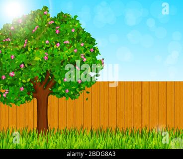 backyard fence and tree scene Stock Vector Image & Art - Alamy