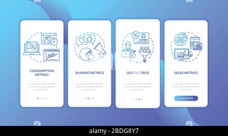 Internet commerce metrics onboarding mobile app page screen with concepts. Leads and sharing statistics walkthrough 4 steps graphic instructions. UI Stock Vector