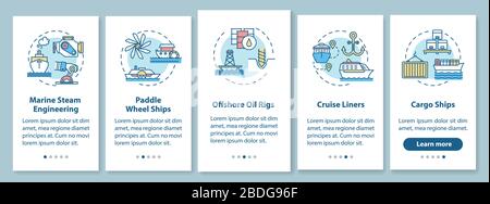 Marine engineering onboarding mobile app page screen with concepts. Offshore oil rig. Water vessel types walkthrough 5 steps graphic instructions. UI Stock Vector