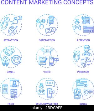 Content marketing concept icons set. Internet advertising, online customer attraction strategies idea thin line RGB color illustrations. Vector Stock Vector