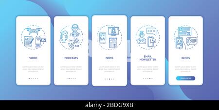 Digital content creators onboarding mobile app page screen with concepts. Podcasts, blogging, news writing walkthrough 5 steps graphic instructions Stock Vector