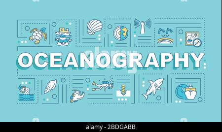 Oceanography word concepts banner. Underwater research with ship. Ocean ecosystem. Infographics with linear icons on turquoise background. Isolated Stock Vector