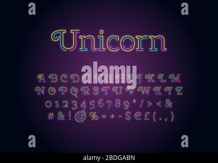 Unicorn neon light font template. Multicolor illuminated vector alphabet set. Bright capital letters, numbers and symbols with outer glowing effect Stock Vector