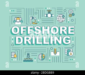 Offshore drilling word concepts banner. Oil rig construction. Petroleum extraction. Infographics with linear icons on mint background. Isolated Stock Vector