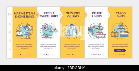 Marine engineering onboarding vector template. Cruise liners. Cargo ships. Containers delivery by sea. Responsive mobile website with icons. Webpage Stock Vector