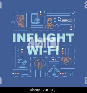 Inflight Wi-fi, Internet in plane word concepts banner. Roamer, passenger service. Infographics with linear icons on blue background. Isolated Stock Vector