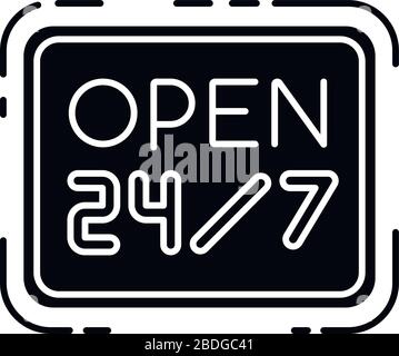 Open 24 7 hours black glyph icon. Twenty four seven store. Hanging retail sign. Signage for 24 hrs shop. Supermarket signboard. Silhouette symbol on Stock Vector