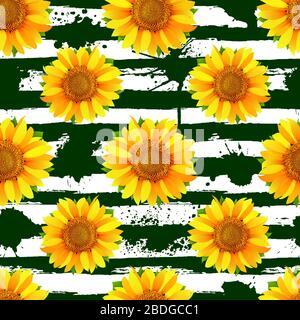 Seamless pattern with sunflowers on abstract green stripes and blots background vector Stock Vector