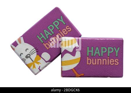 Happy bunnies milk chocolate bars isolated on white background - ideal for Easter - Easter bunny and Easter egg eggs Stock Photo