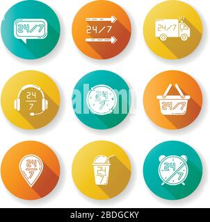 24 7 hour service flat design long shadow glyph icons set. Always available help desk. Transportation truck sign. All week open cafe and bar. GPS Stock Vector
