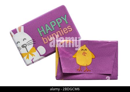 Happy bunnies milk chocolate bars isolated on white background - ideal for Easter - Easter chick and Easter bunny Stock Photo