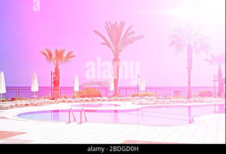 Swimming pool area near Mediterranean Sea in Antalya, Turkey Stock Photo