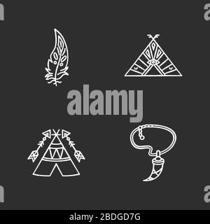 Native american indian accessories chalk white icons set on black background. Necklace with tooth, eagle feather. Wigwam with arrows and ethnic Stock Vector