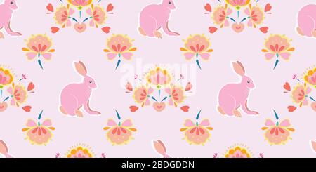 Vector geometric folk art cute easter bunny pattern on pink background. Happy spring design. Event and holidays. Surface pattern design. Stock Vector