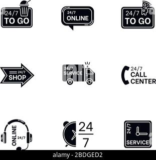 24 7 hour service black glyph icons set on white space. Online 24 hrs customer support. Everyday available delivery. Transportation truck sign Stock Vector