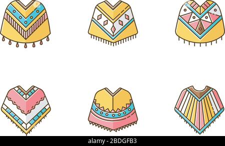 Poncho RGB color icons set. Mexican, Peruvian, Brazilian wear. Hispanic ethnic woolen clothes. Motley warm traditional costume. Simple indian Stock Vector