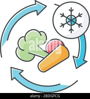 Freezing RGB color icon. Food preservation method, frosting ingredients. Storing veggies in refrigerator. Frozen raw vegetables isolated vector Stock Vector