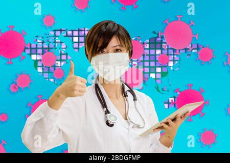 Asian American doctor shows thumbs up with coronavirus on map  background Stock Photo