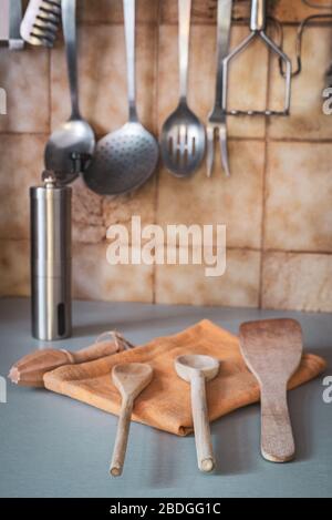 wooden utensils in no waste kitchen.concept. Stock Photo