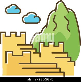 Machu picchu yellow RGB color icon. Inca citadel in mountains. Tourist attractions Cusco. Sacred Valley in Eastern Cordillera. Ancient monument of Stock Vector